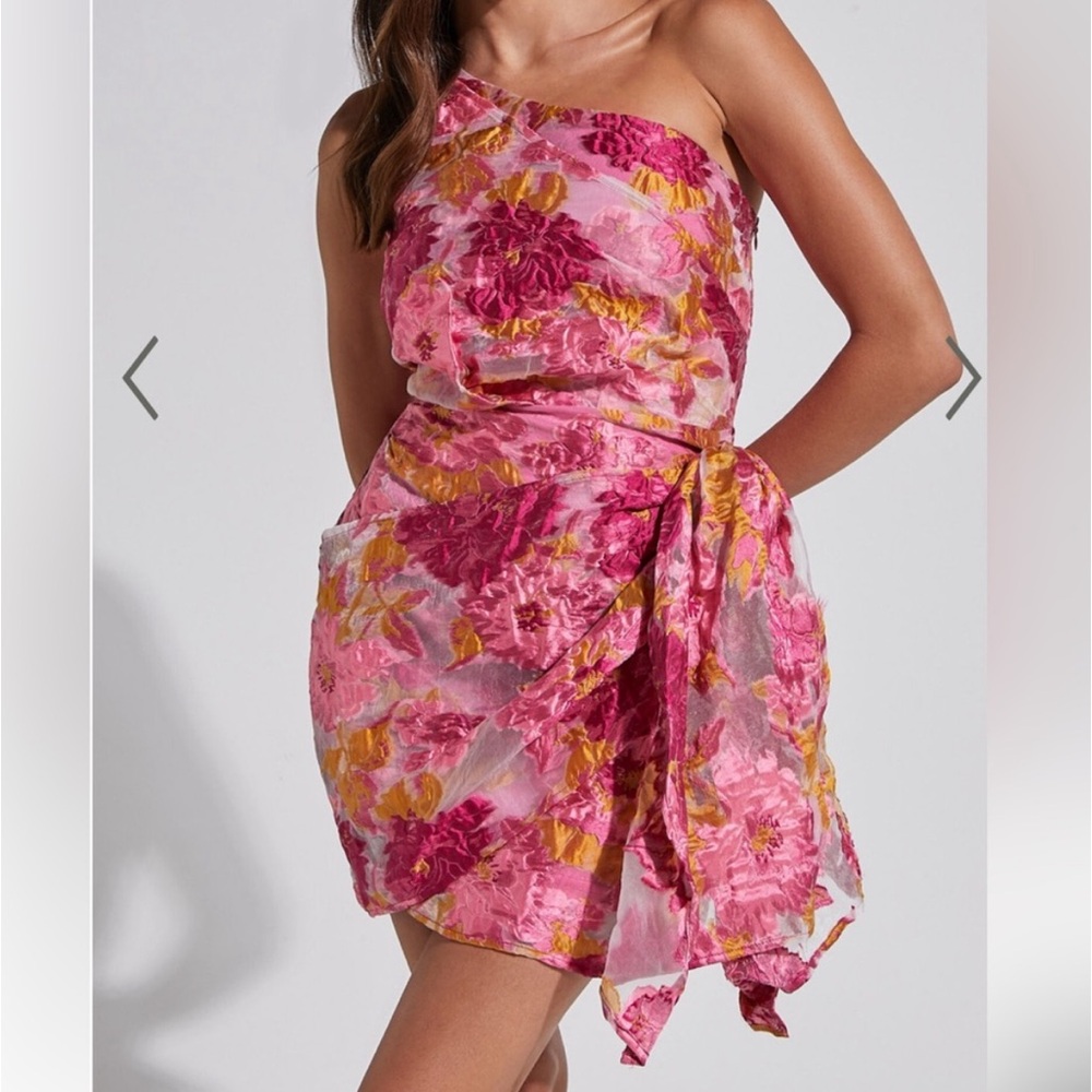 Showpo Pink One Shoulder Floral Mini Dress with Gold Accents